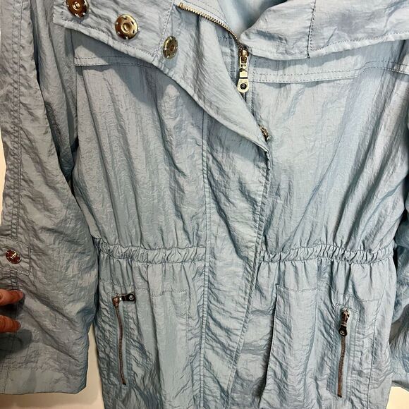 The Fillmore Anorak Blue Shimmery Jacket Windbreaker Raincoat Hooded Gold Detail - Picture 7 of 12